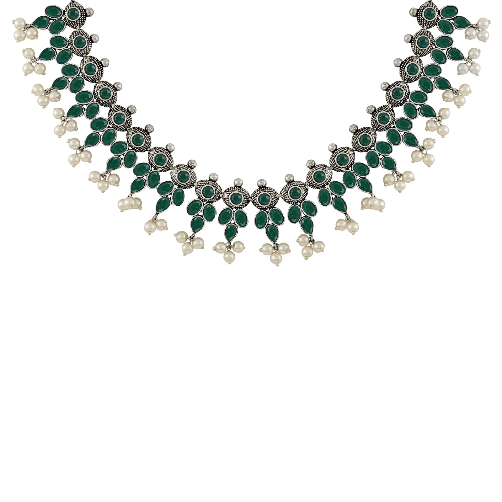 Nishan Silver Oxidised Green Stone and Pearl Necklace Set