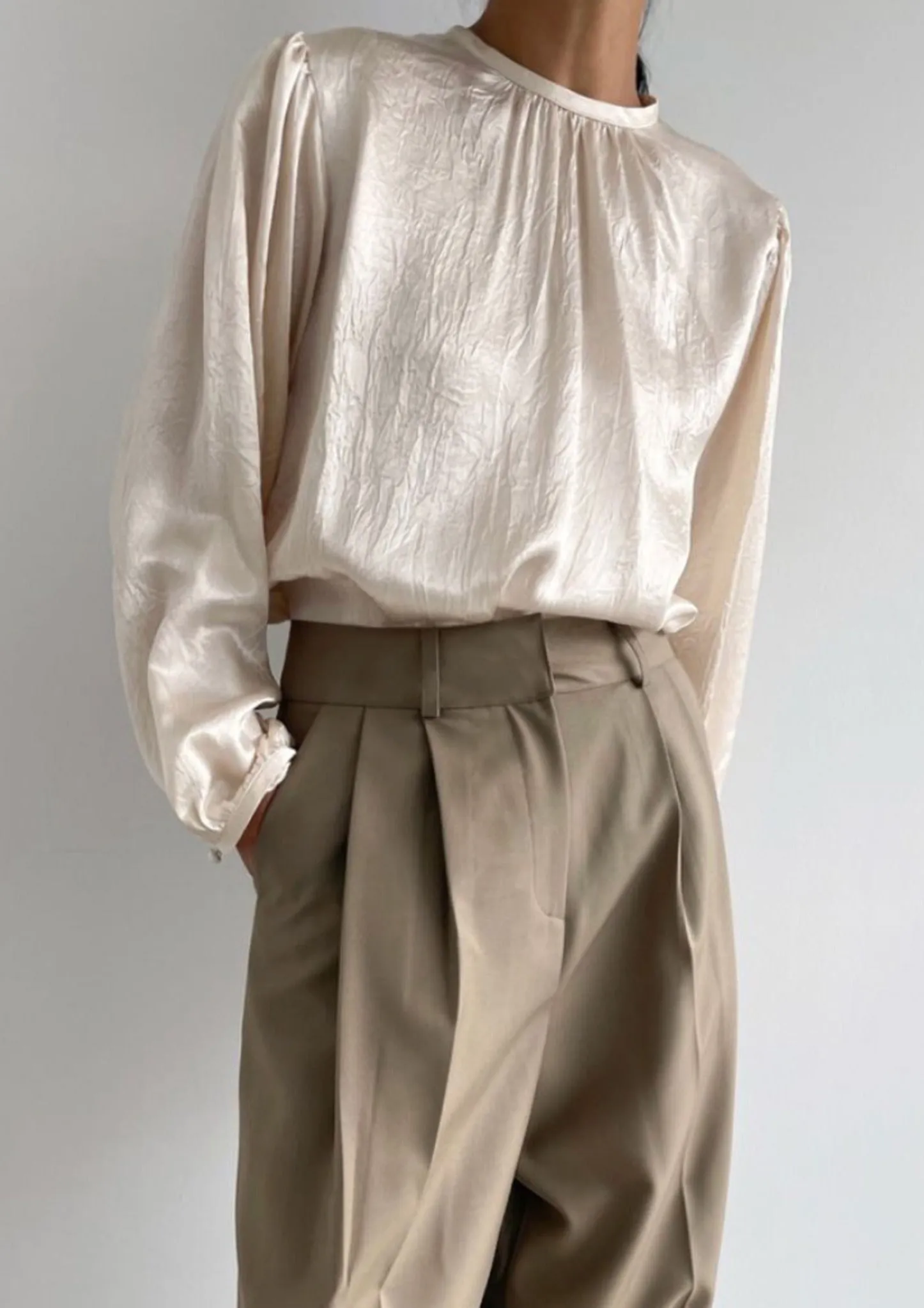 Puff Sleeves Textured Silk Blouse in Champagne