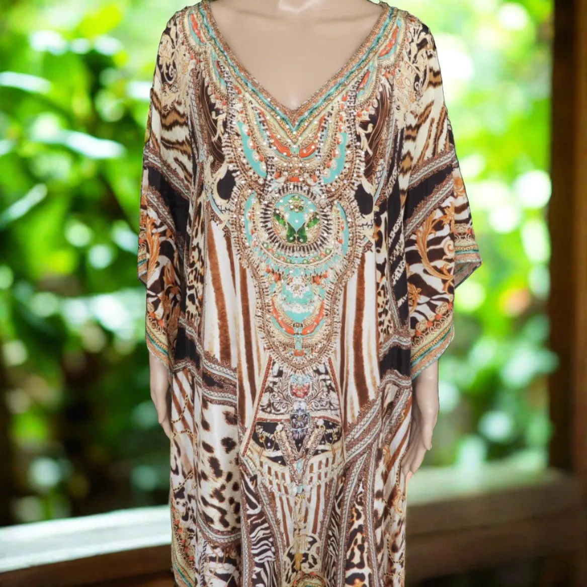 Short beaded Kaftan Leopard Brown