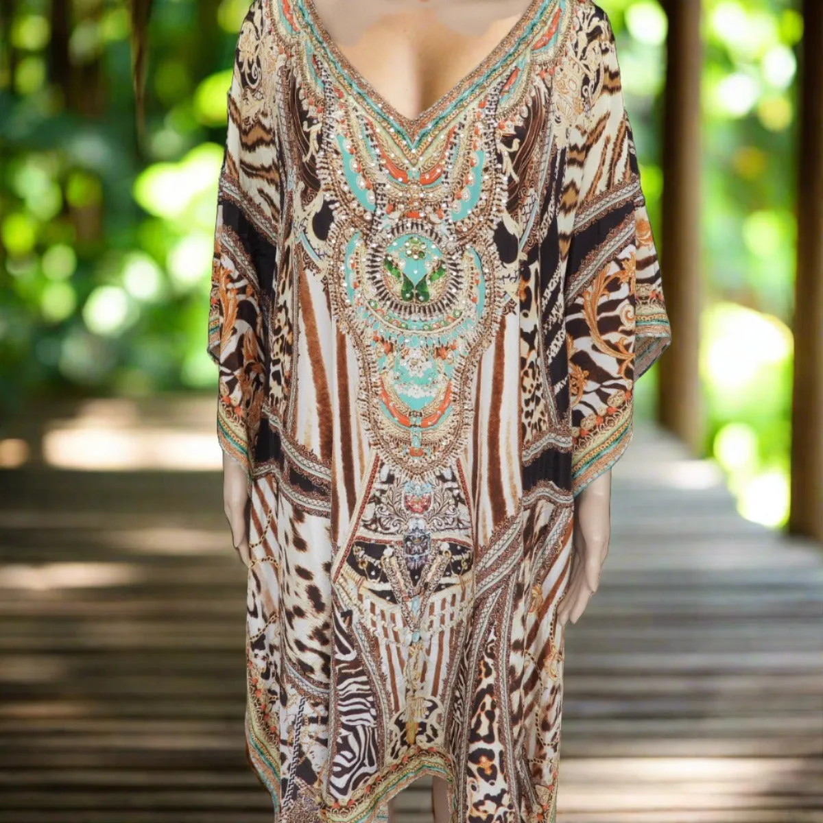 Short beaded Kaftan Leopard Brown