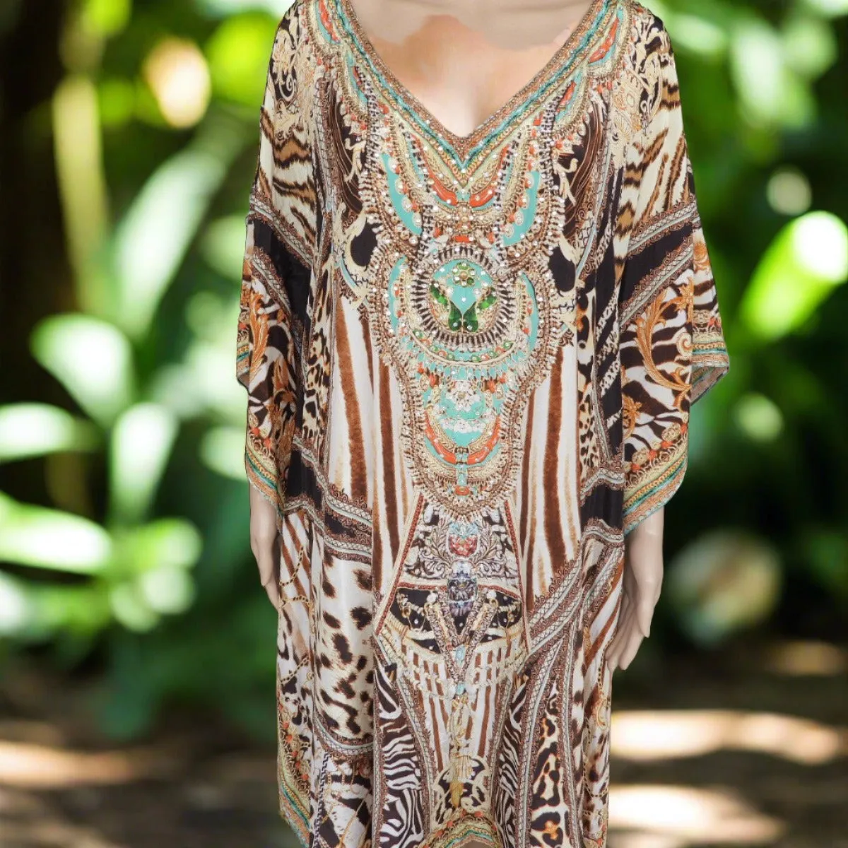 Short beaded Kaftan Leopard Brown