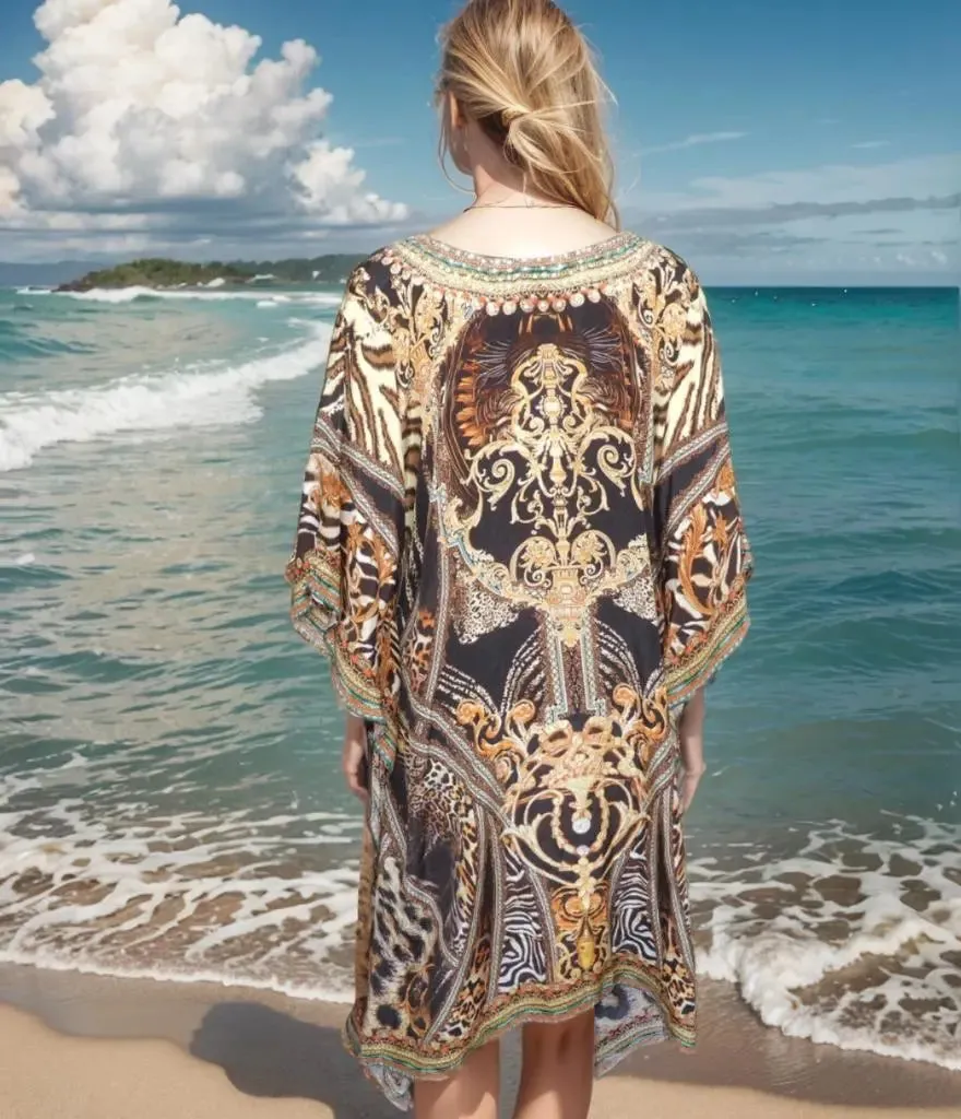 Short beaded Kaftan Leopard Brown