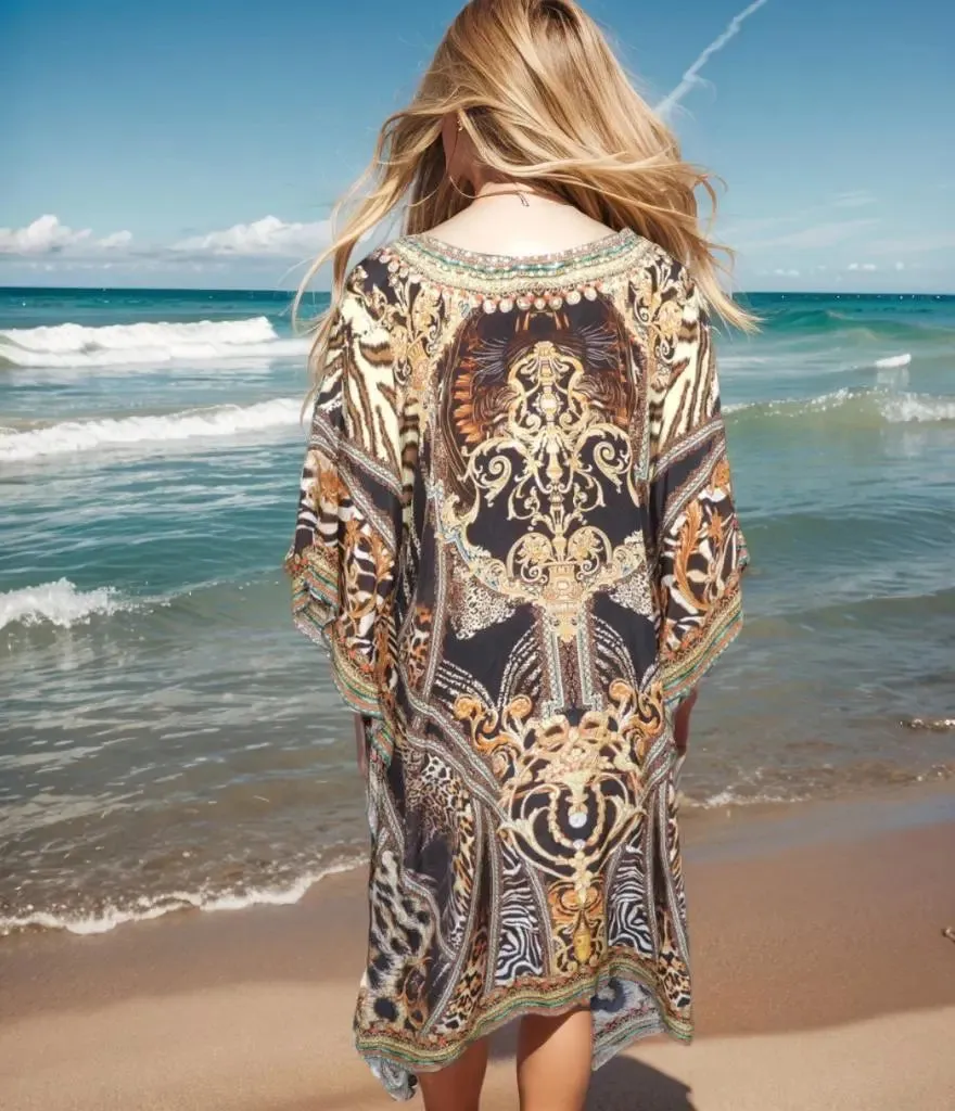 Short beaded Kaftan Leopard Brown