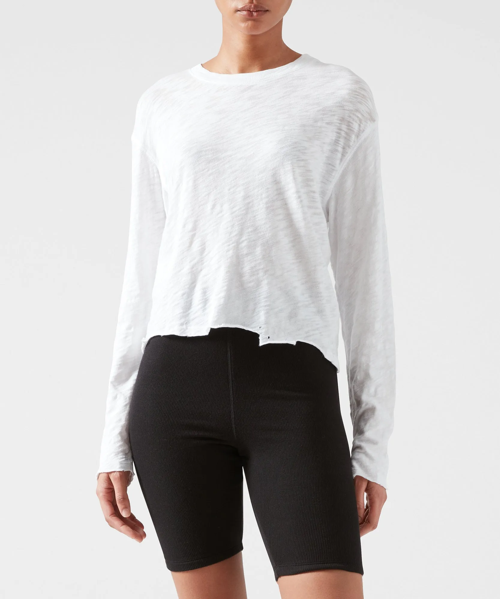 Slub Jersey Long Sleeve Destroyed Wash Crop Tee - White