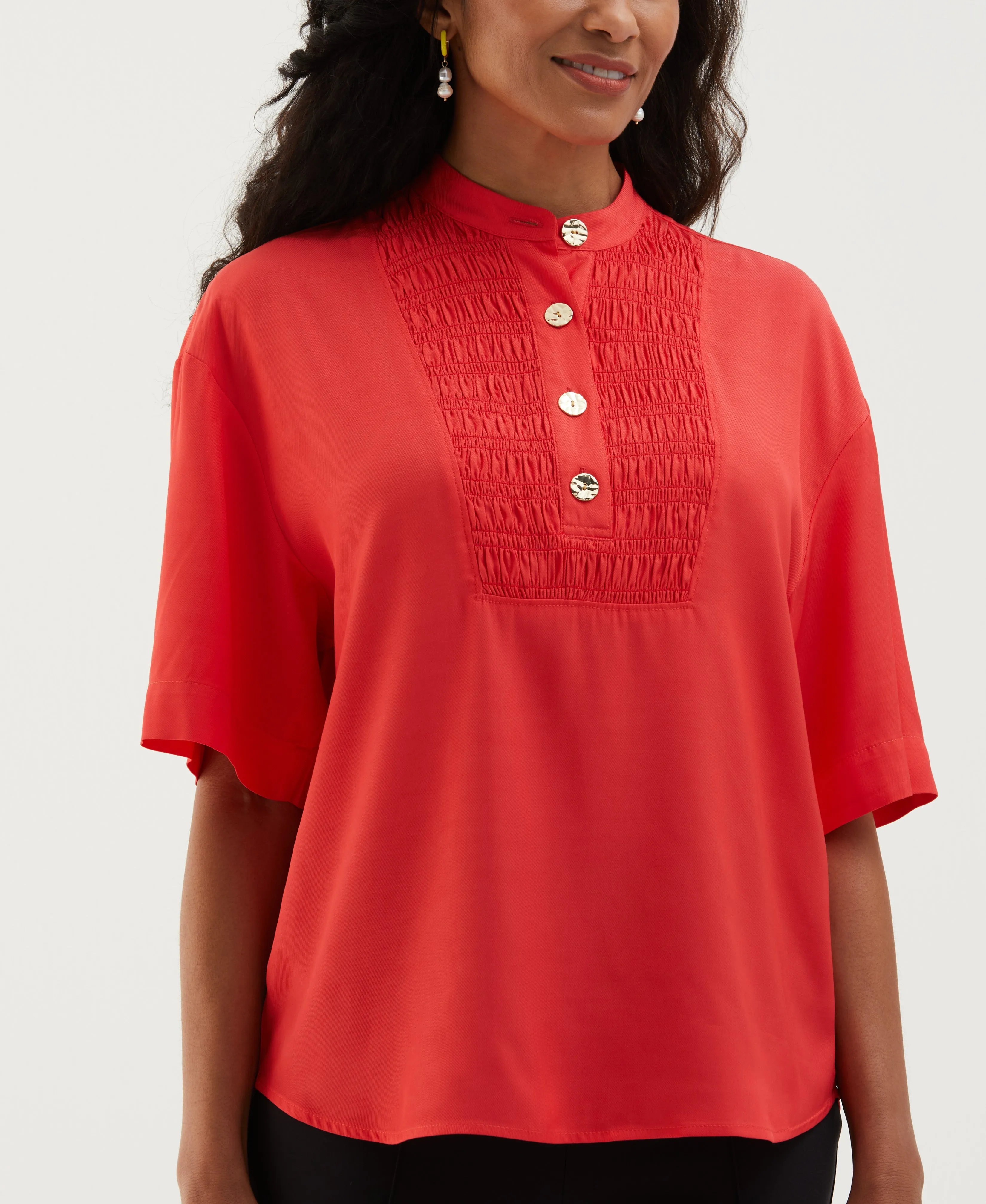 Smocked Banded Collar Top