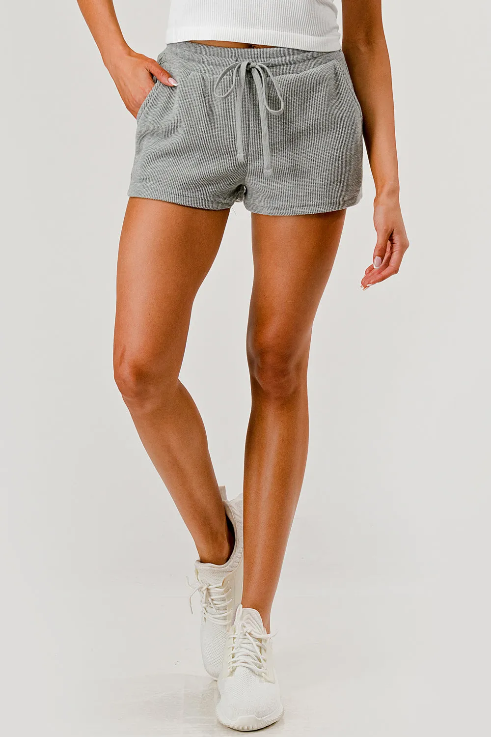 Soft Waffle Textured Drawstring Shorts - Gray