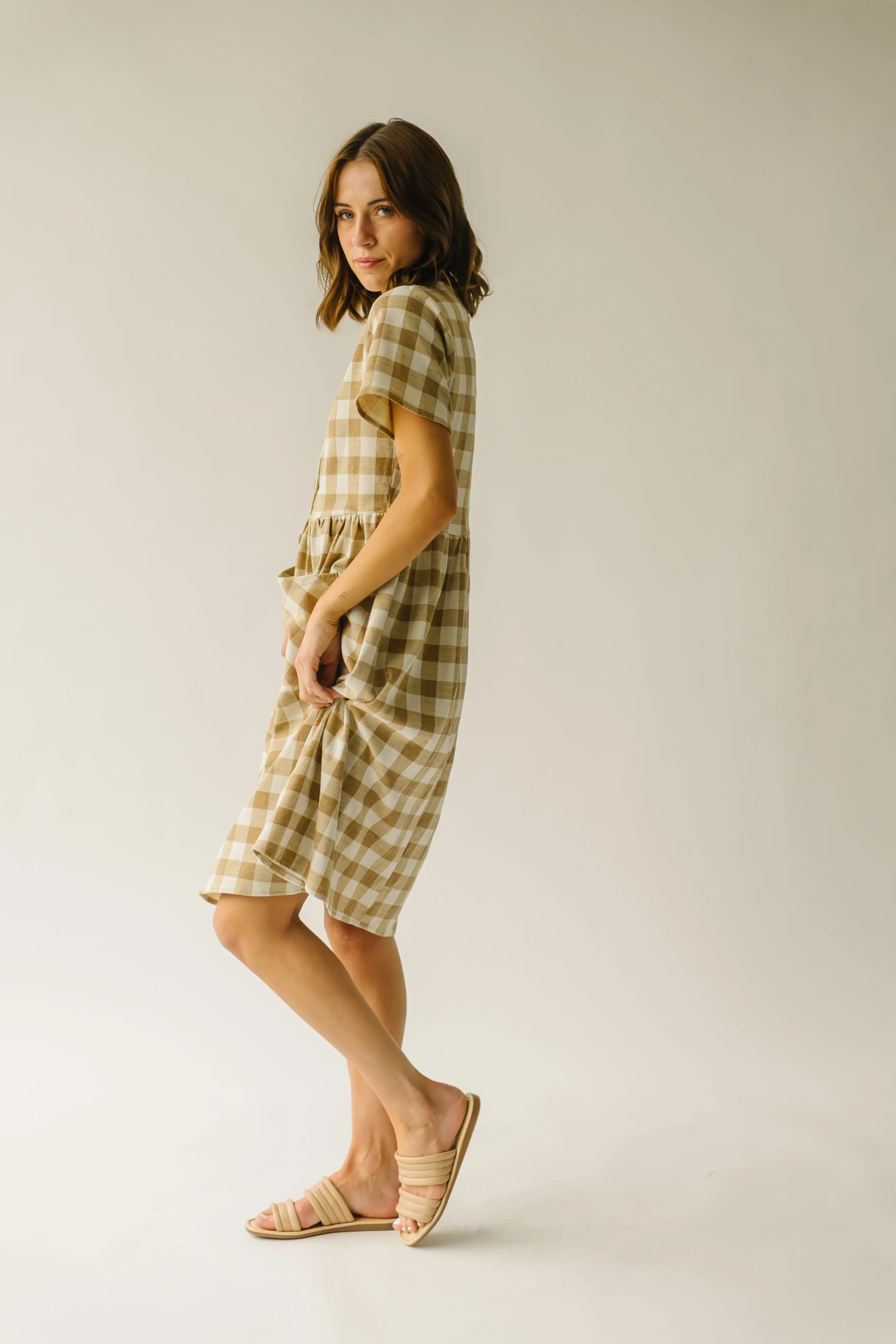 The Boice Gingham Button Front Dress in Camel Multi