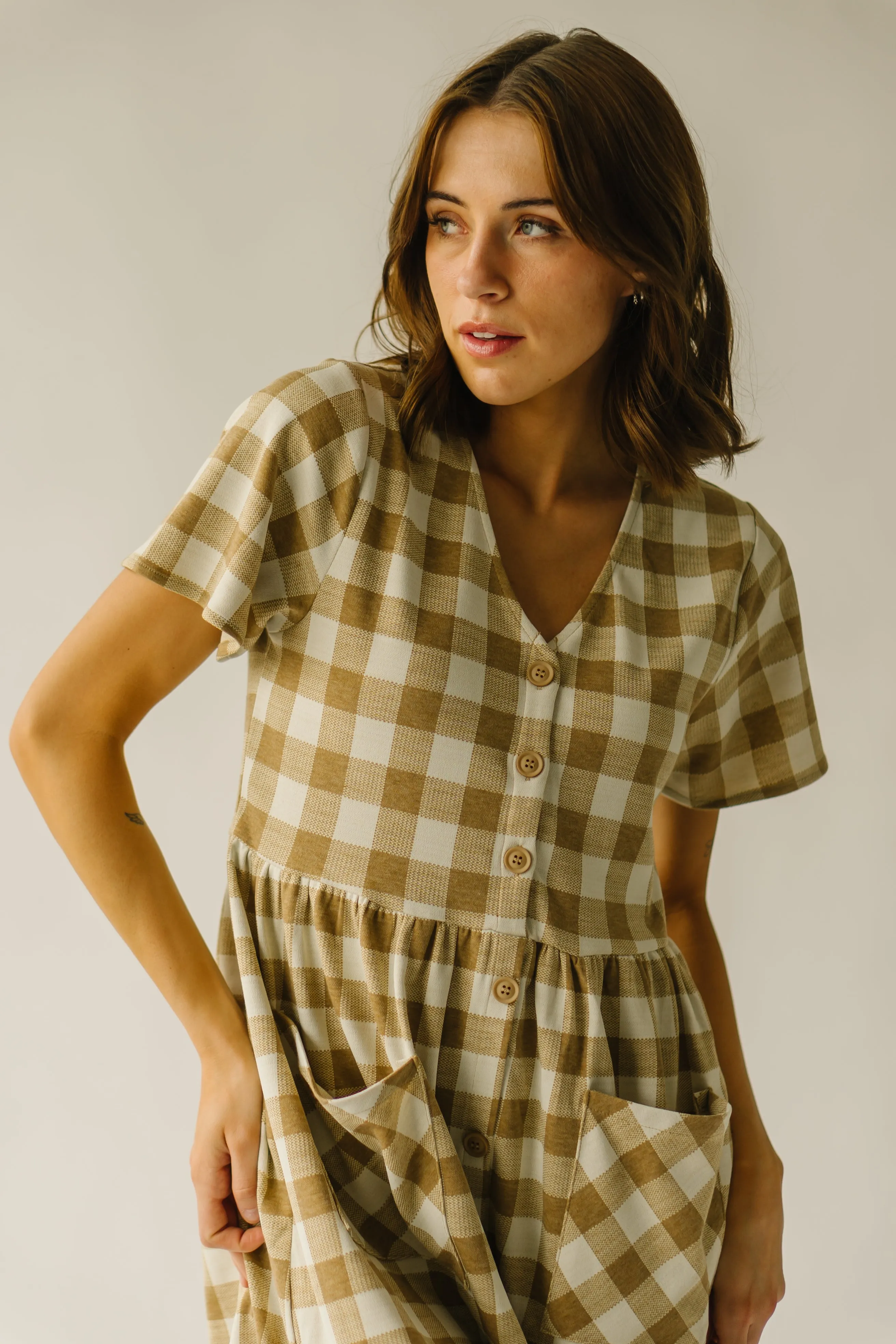 The Boice Gingham Button Front Dress in Camel Multi