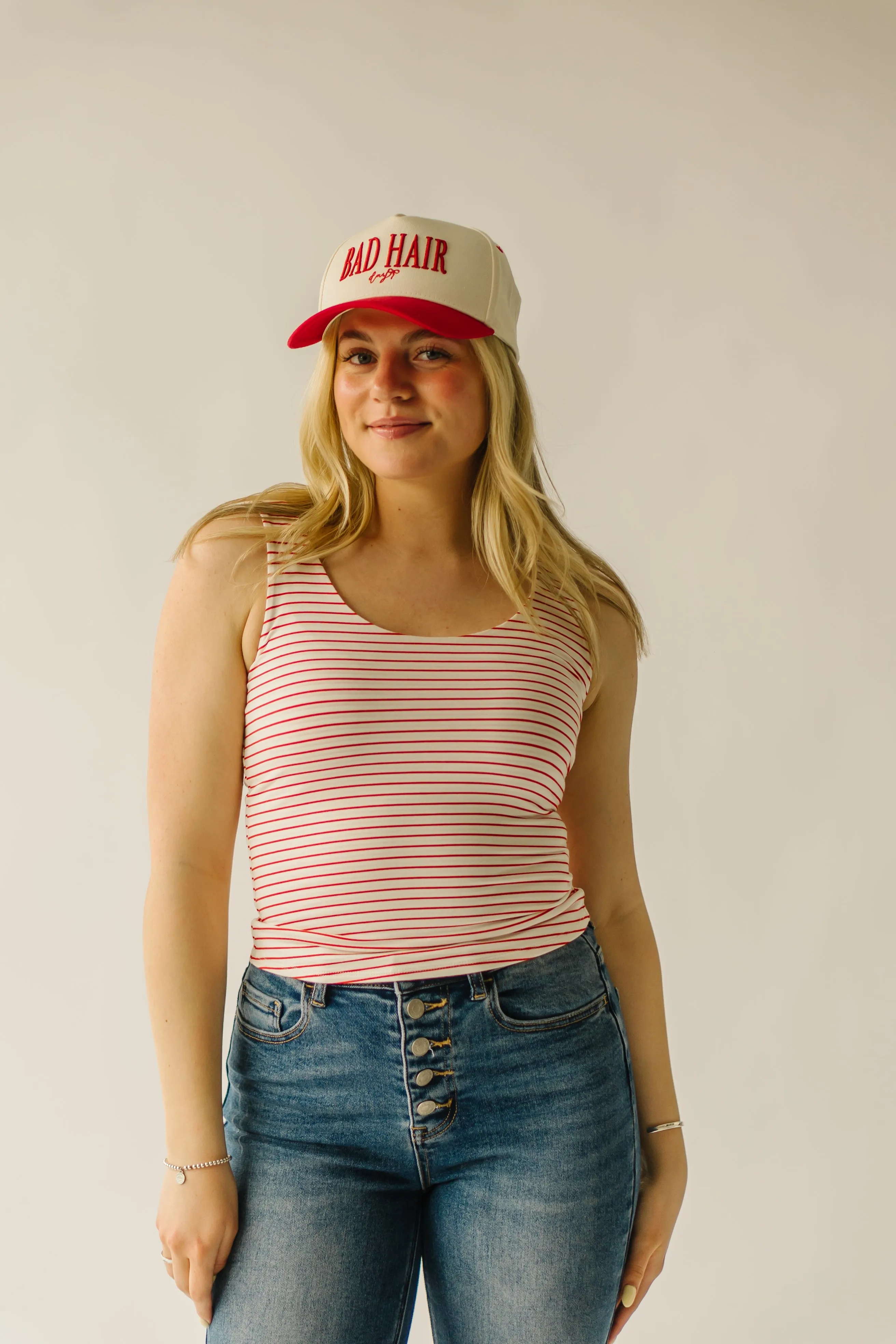 The Landsel Striped Scoop Neck Tank in Red