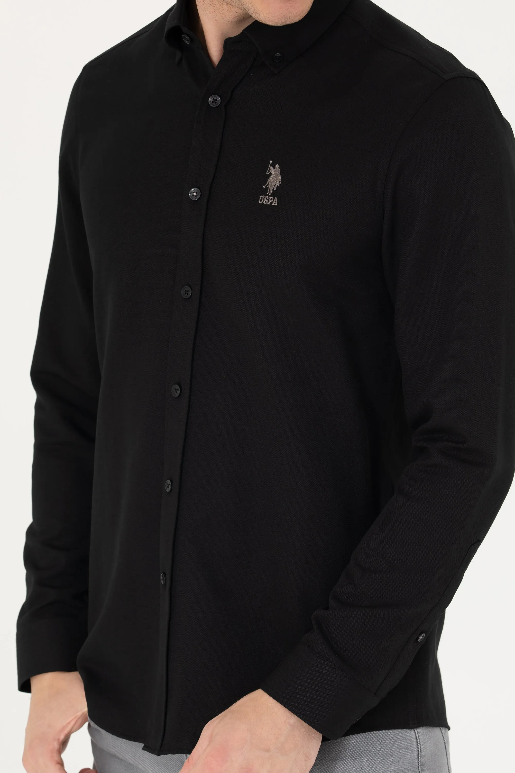 USPA Shirt Men Black VR046 USPSH338 Slim Full Sleeve US Polo Assn.