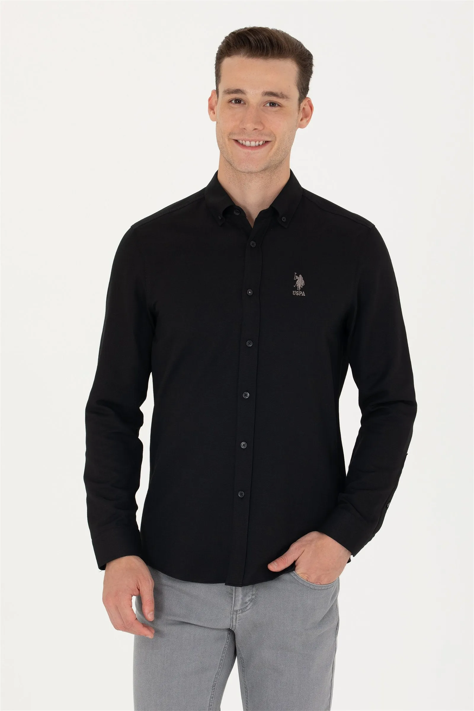 USPA Shirt Men Black VR046 USPSH338 Slim Full Sleeve US Polo Assn.