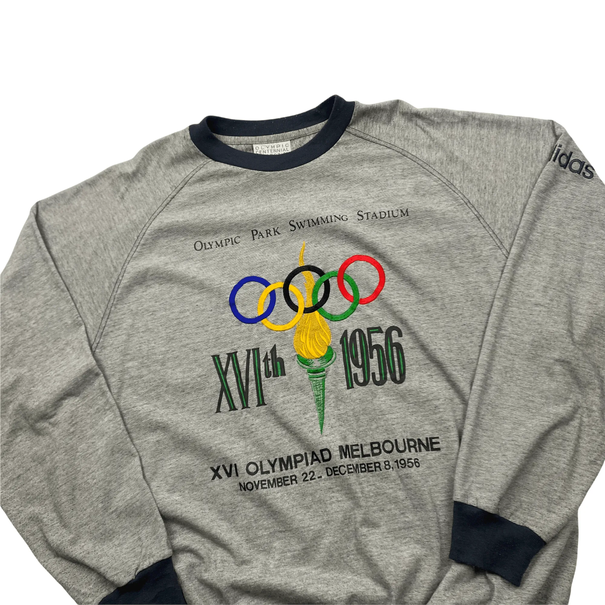 Vintage 90s Grey   Black Adidas Olympics Spell-Out Sweatshirt - Extra Large