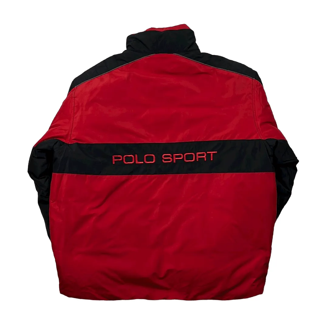 Vintage 90s Red   Black Ralph Lauren Polo Sport Spell-Out Reversible Puffer Coat/ Jacket - Extra Large