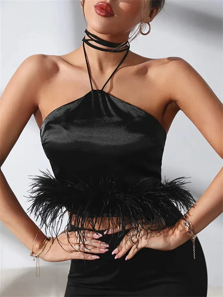 Y2K Sexy Women Vest Sleeveless Off Shoulder Halter Tie-up Backless Feather Patchwork Summer Tube Club Party Tank Crop Top